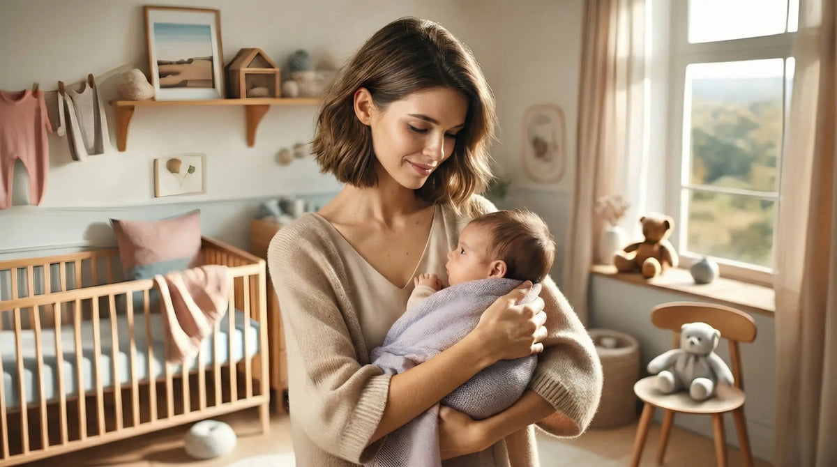Madre sosteniendo a su bebé en una habitación infantil